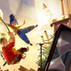 The two main characters from It Takes Two flying through the air above random items.